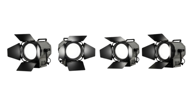 Four studio fresnel lights with barn doors isolated on transparent background, equipment for professional film and video production