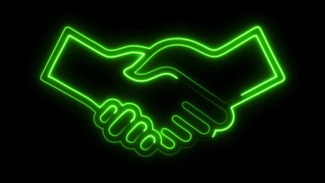 Dynamic neon green handshake symbolizing partnership and agreement glowing brightly against a dark abstract background