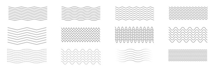 Waves line set. Wave ornament pattern. Set of wavy zigzag lines. Wave thin line background. Vector zigzag and wavy horizontal underline. Vector illustration