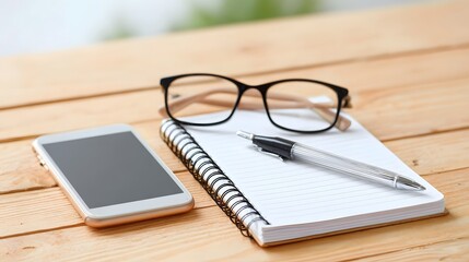 This overhead view shows essential work and study tools including a smartphone open notebook with pen and eyeglasses placed on a warm textured wooden surface