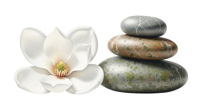 Zenlike composition featuring a delicate white magnolia blossom alongside a balanced stack of smooth stones, isolated on transparent background