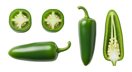 Overhead arrangement of fresh green jalapeno peppers, whole, halved, and sliced isolated on transparent background