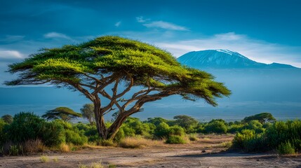 Sprawling acacia tree frames massive snow-capped peak across arid plains