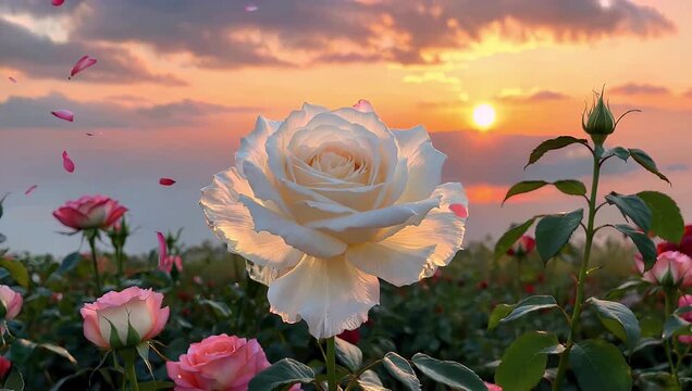 dreamy 4k cinematic close white english rose petals glowing soft pink sunset gentle evening breeze fluttering garden creating romantic screensaver atmosphere symbolizing purity love tranquility