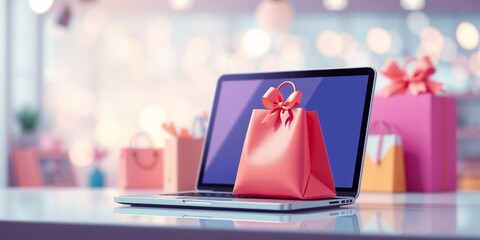 Laptop with small red shopping bag on it. Concept illustration for e-commerce and online stores, shops and retail