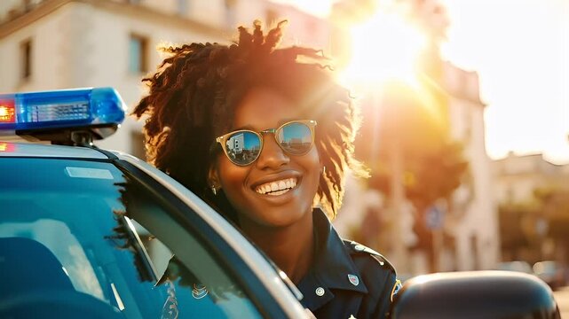 A woman with dreadlocks and sunglasses is smiling as she sits in a police car on a city street during sunset.