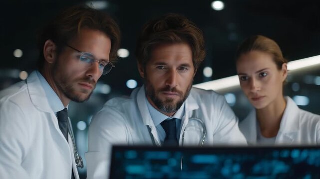 Emergency response doctors analyzing holographic human body trauma visualization, emotions of urgency and determination, representing next-gen healthcare solutions for real-time crisis intervention