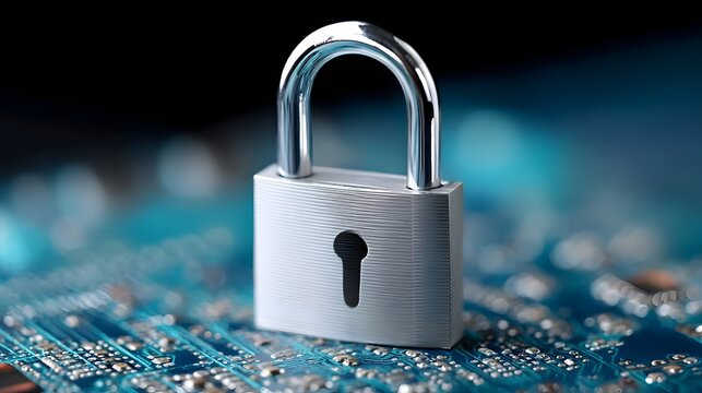 Close up ro shot of a metallic padlock positioned on a detailed blue circuit board representing cybersecurity data privacy and technological defense