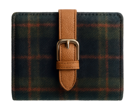 Wool plaid wallet featuring a leather strap and buckle detail.