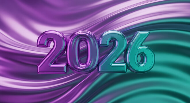 Year two thousand twenty six purple teal metallic wave background color of future