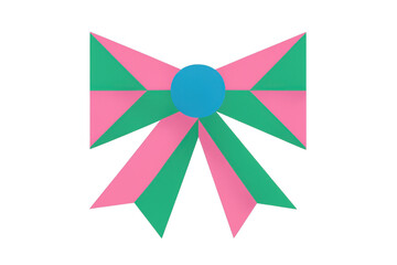 Abstract gift bow made with pink, green, and blue ribbon on a transparent background, perfect for celebrations and presents