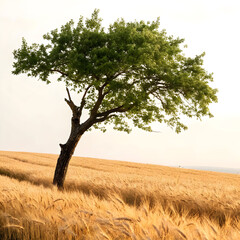 Lone green tree in golden wheat field under sunlight
