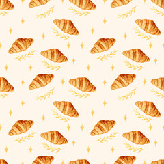 Watercolor croissant seamless pattern with golden leaf decoration. Suitable for print and product packaging.