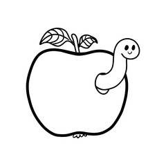 An outline of an apple with two leaves and a worm. Apple coloring page. Flat cartoon vector.