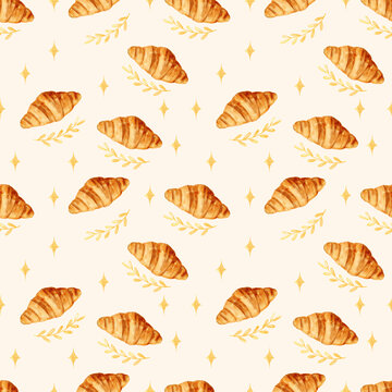 Watercolor croissant seamless pattern with golden leaf decoration. Suitable for print and product packaging.
