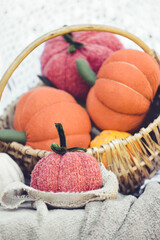 Stuffed handmade pumpkins, made of orange fabrics and yarn, Perfect autumnal decor