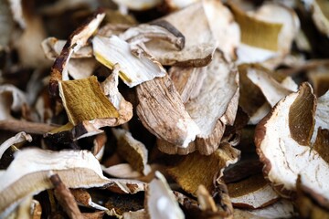 Close-up photo of a pile of dried porcini mushrooms