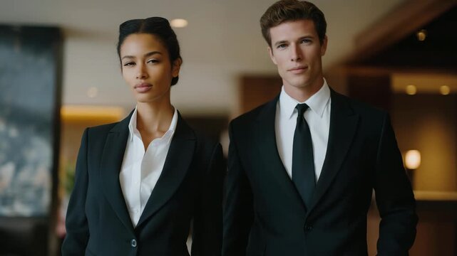 Female bodyguard walking beside a high-profile executive through a hotel lobby, showing confidence and focus, symbolizing empowerment, professionalism, and the emotional intelligence required in