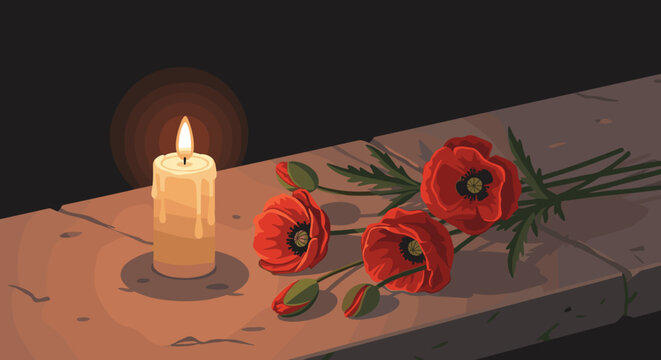 Candle and poppy flowers for remembrance, ideal for memorials and commemorative events