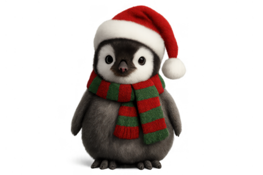 Baby penguin wearing a red santa hat and a striped scarf, ready for winter celebrations. Transparent background - Powered by Adobe
