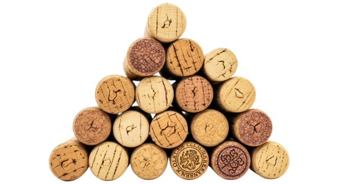 Wine cork pyramid isolated on transparent background, a symbol of celebration and the art of winemaking and tasting