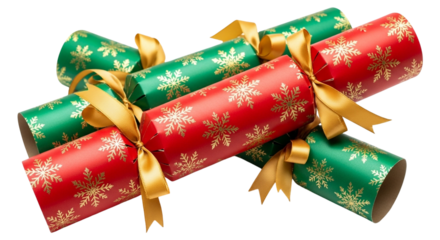 Festive christmas crackers in red and green with gold ribbon isolated on transparent background