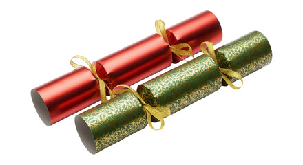 Two colorful christmas crackers, one red and one green, isolated on transparent background, adding festive cheer to any celebration
