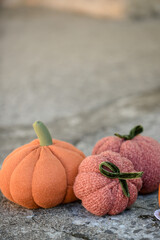 Stuffed handmade pumpkins, made of orange fabrics and yarn, Perfect autumnal decor