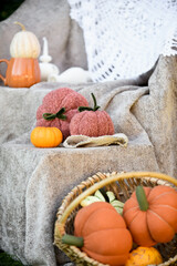 Stuffed handmade pumpkins, made of orange fabrics and yarn, Perfect autumnal decor