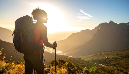 Hiking woman views mountain panorama