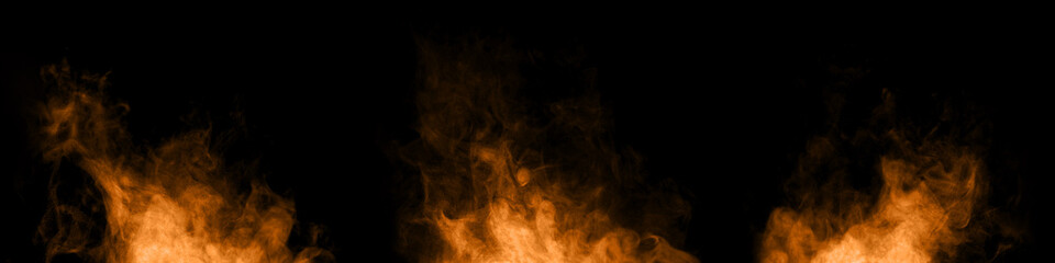 Fototapeta premium set orange smoke or dust cloud on black background, glowing vapor texture with soft particles, fantasy energy effect, dreamy and romantic mood for digital art or cinematic design.
