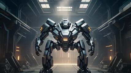 Bipedal mechanical war machine standing in futuristic industrial corridor - Powered by Adobe