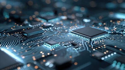 Closeup of a futuristic computer circuit board with glowing blue lights