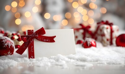 Blank white gift card with red ribbon and bow on snow festive Christmas bokeh background
