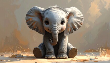 Cute Baby Elephant Sitting Down.