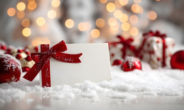 Blank white gift card with red ribbon and bow on snow festive Christmas bokeh background