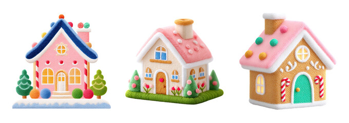 Fototapeta premium Embroidered christmas patch cottage with pastel frosting and festive decorations evoking joyful holiday warmth