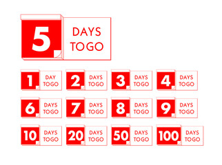 Countdown Days Icon Set | Red Calendar Style Numbers from 1 to 100 Days to Go