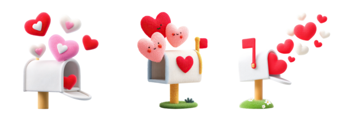Embroidered valentine patch mailbox with plush heart flying out soft heart mail romantic delivery cheerful scene