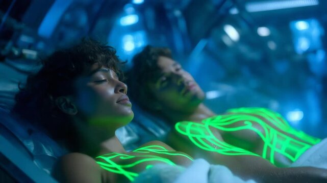 Futuristic scene of a cryogenic chamber in a sci-fi medical lab with soft blue illumination, emotion of awe and anticipation visible, representing human preservation concepts, advanced