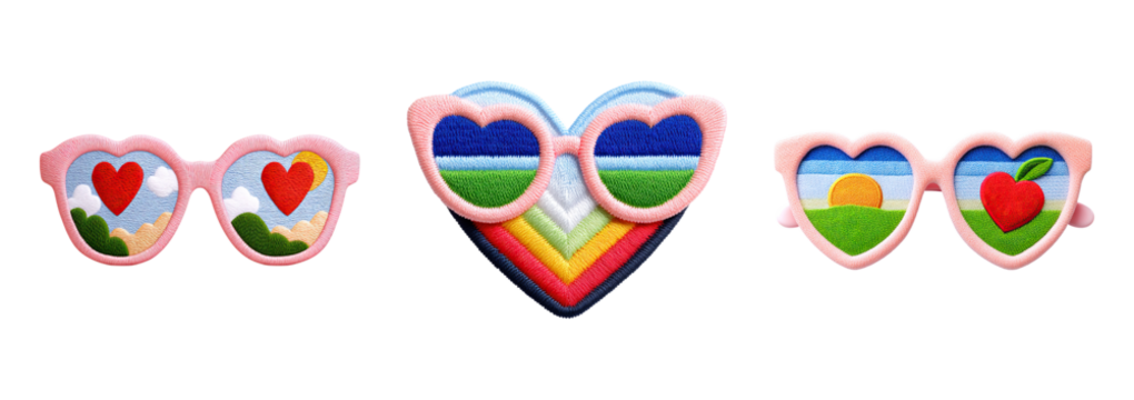 Embroidered valentine patch heart sunglasses rainbow heart landscape heart apple sunrise - Powered by Adobe
