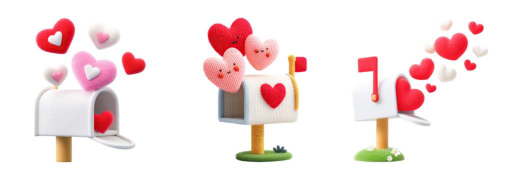 Embroidered valentine patch mailbox with plush heart flying out soft heart mail romantic delivery cheerful scene
