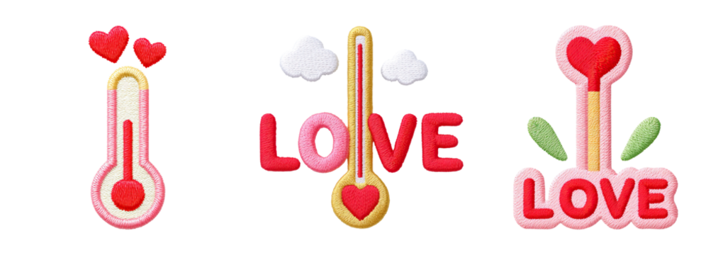 Embroidered valentine patch featuring three colorful love thermometers with hearts clouds and playful design evoking warmth and affection