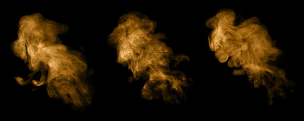 set brown dust and smoke rising on black background, glowing atmospheric texture for visual effects, fire energy motion, abstract vapor form, and cinematic composition design. powder explosion