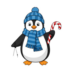 Cute penguin in winter hat and scarf holds candy cane