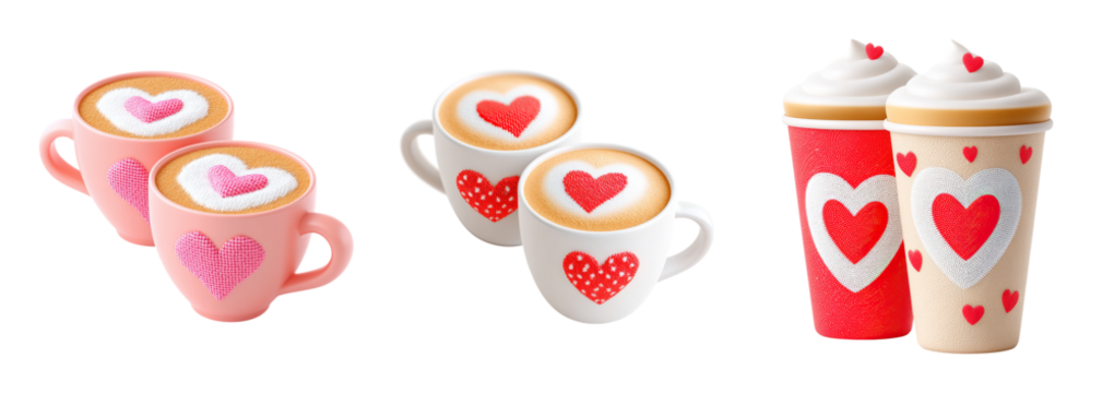 Pink heart latte and embroidered valentine patch on coffee cup foam creating cozy romantic mood