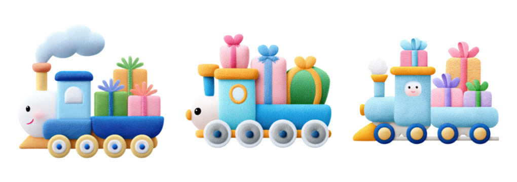 Embroidered christmas patch playful toy train carrying colorful wrapped gift present boxes on transparency background joyful festive scene