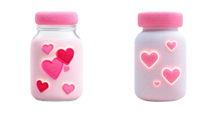 Embroidered valentine patch bottle with pink heart applique and soft knit texture glowing romantic design for craft gift decor