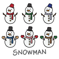 手描きのかわいい雪だるまセット（カラーバリエーション・冬・クリスマス素材）