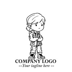 Black and White Chibi Girl Standing in Jacket, Pants, and Boots. Simple Bold Vector Illustration
